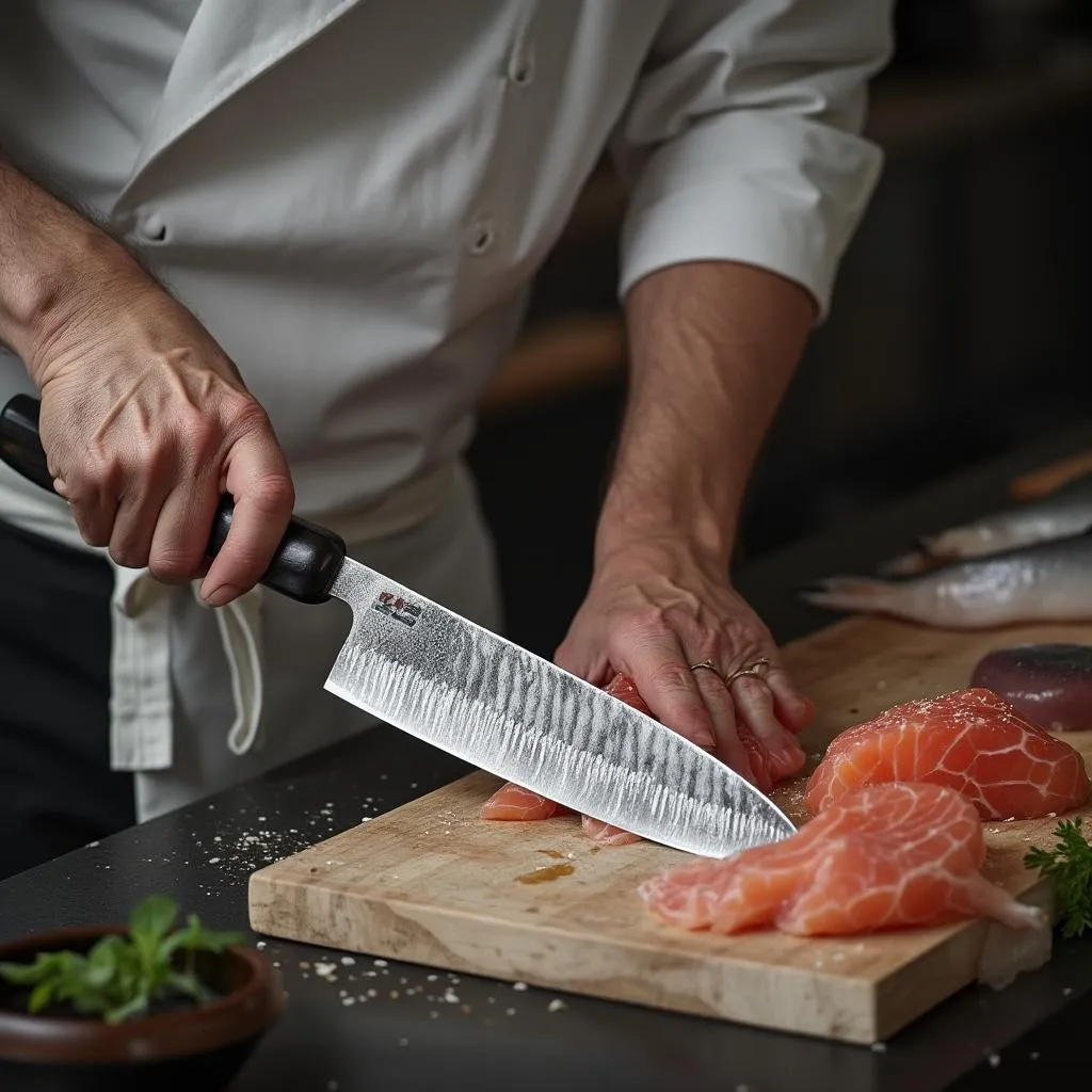 Chef demostrando técnica de corte precisa