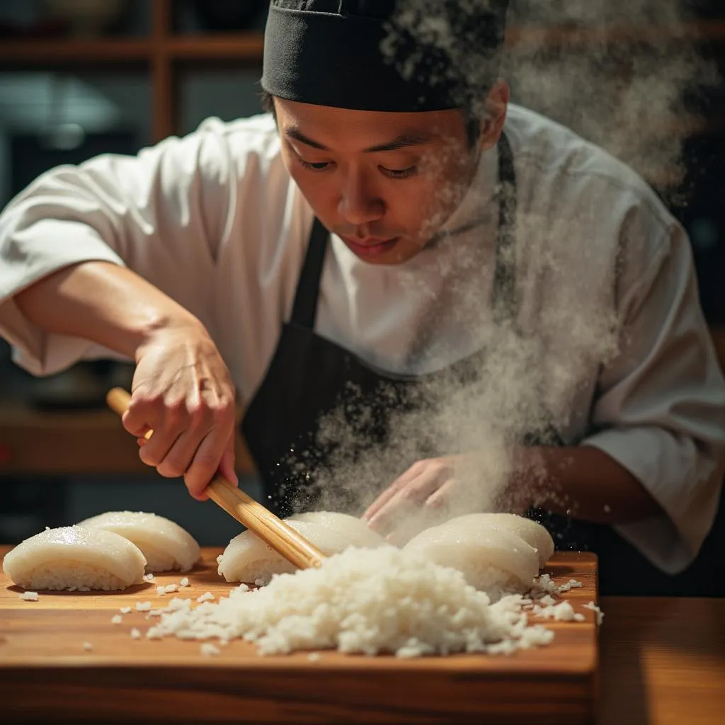 Preparación tradicional del arroz de sushi