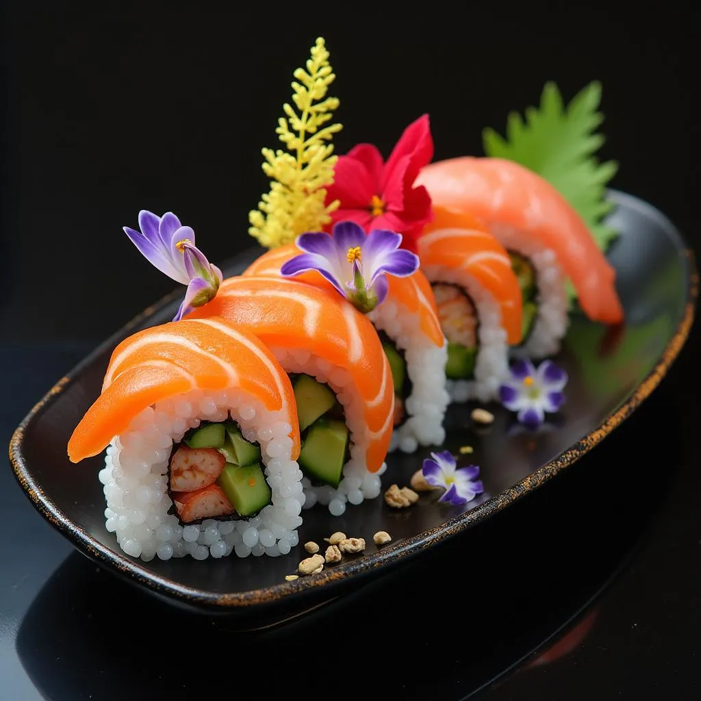 Presentación artística de plato de sushi